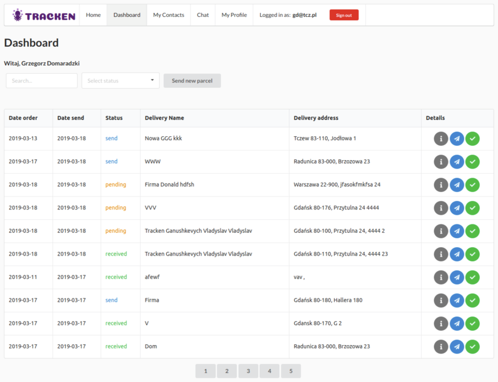 Tracken Application for sending and tracking parcels